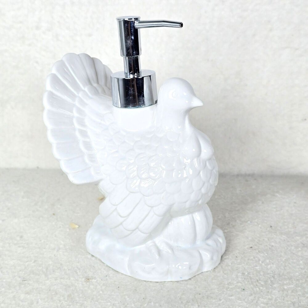 White Glossy Ceramic Turkey Soap Dispenser Refillable Free Standing Silver Rare
